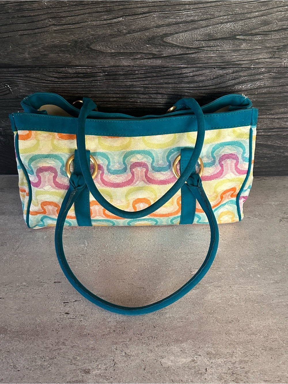 Vintage Missoni Italy Multicolor Knit Wave Tote Bag Teal Suede Leather Trim